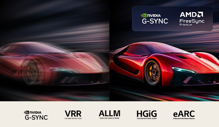 Duas imagens de um carro em um videogame, lado a lado. Uma mostra muito desfoque de movimento. A outra é nítida e em foco, mostrando a alta taxa de quadros da LG OLED TV. O logotipo Nvidia G-Sync, AMD FreeSync Premium e outras certifica??es relevantes est?o visíveis. 