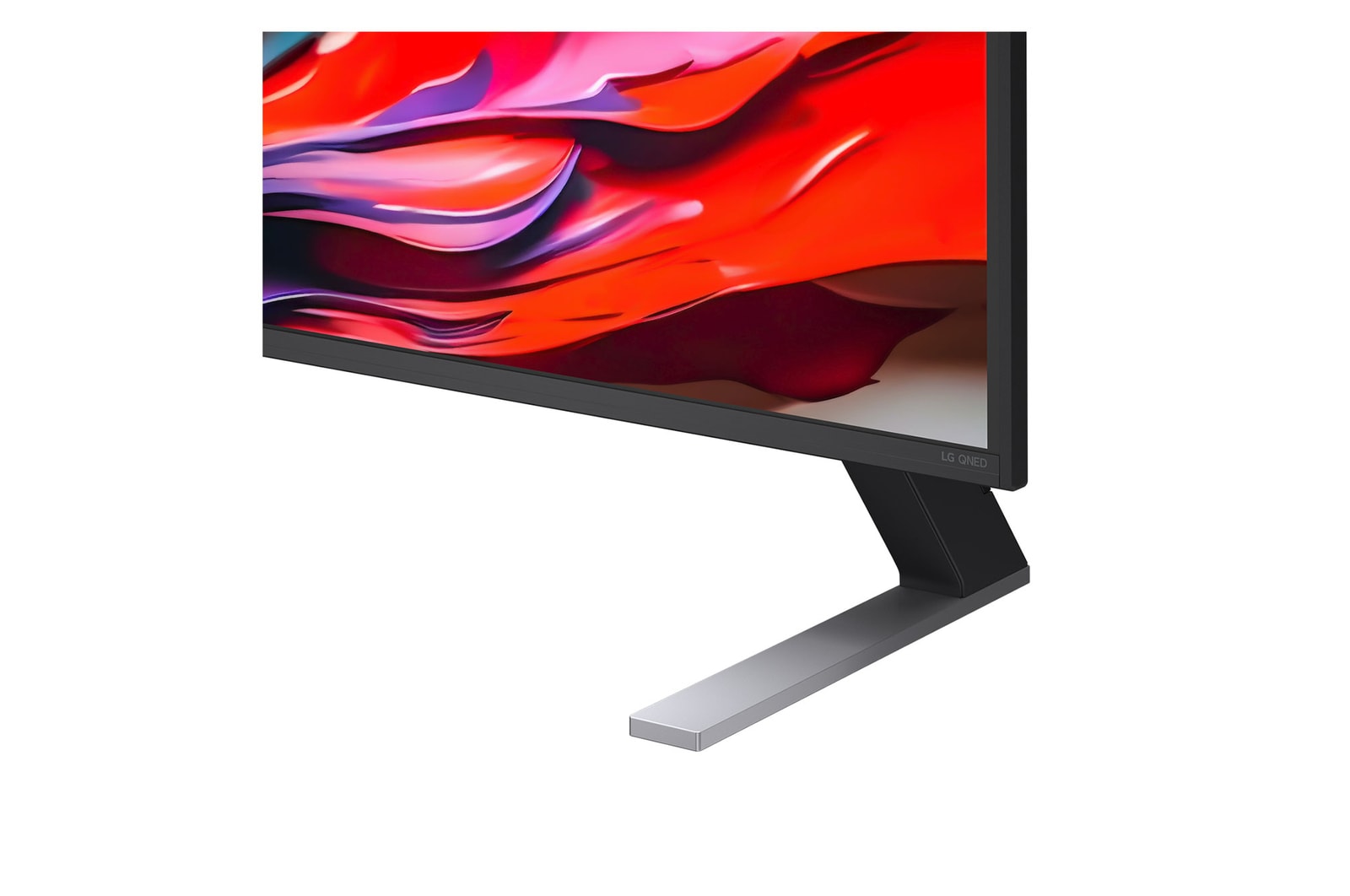Vista frontal e lateral da Smart TV 4K LG QNED evo AI QNED85, mostrando suas dimens?es de comprimento, largura, altura e profundidade.