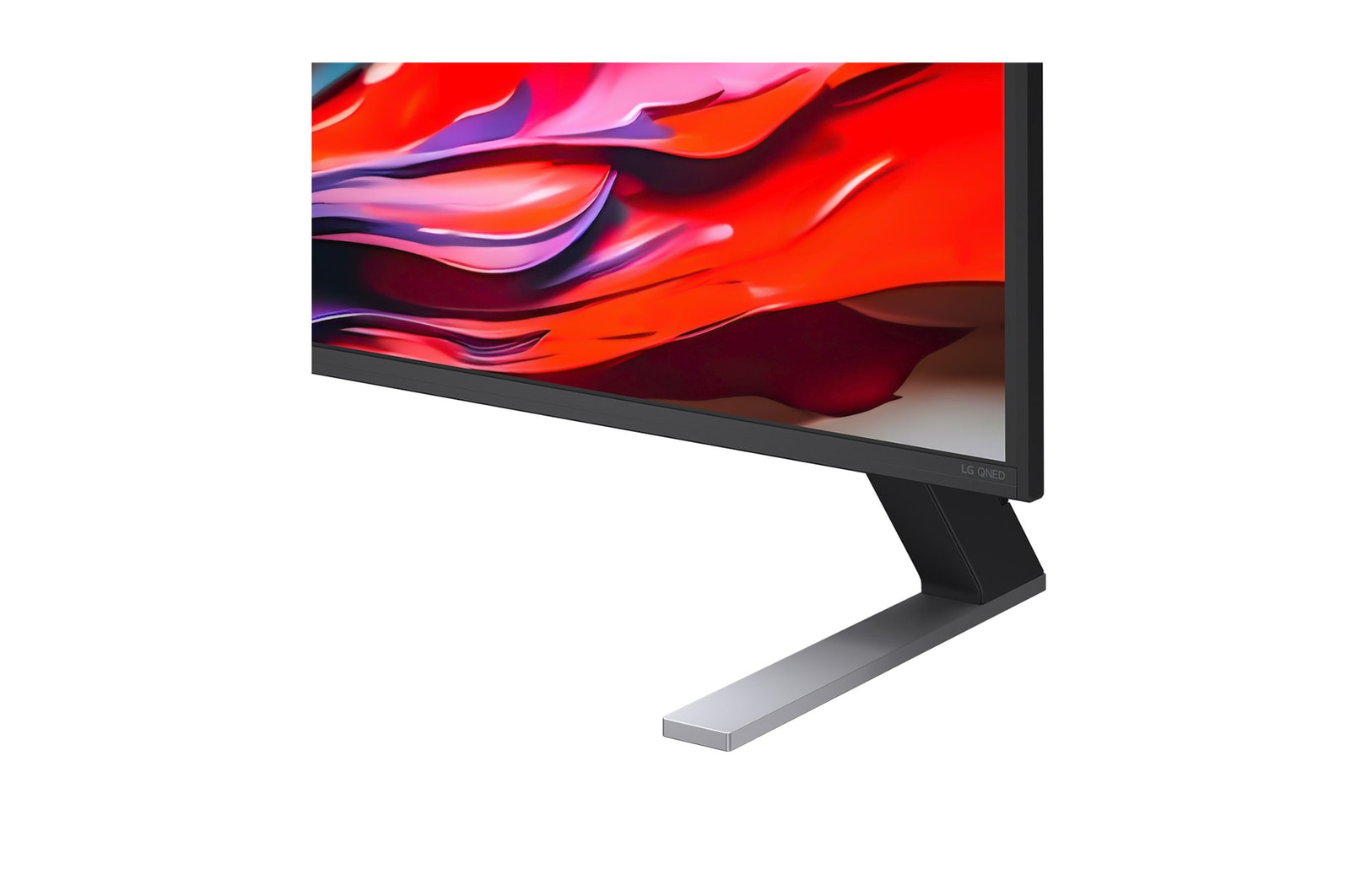 Vista frontal e lateral da Smart TV 4K LG QNED evo AI QNED85, mostrando suas dimens?es de comprimento, largura, altura e profundidade.