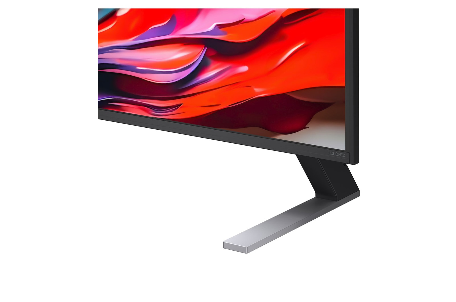 Vista frontal e lateral da Smart TV 4K LG QNED evo AI QNED85, mostrando suas dimens?es de comprimento, largura, altura e profundidade.