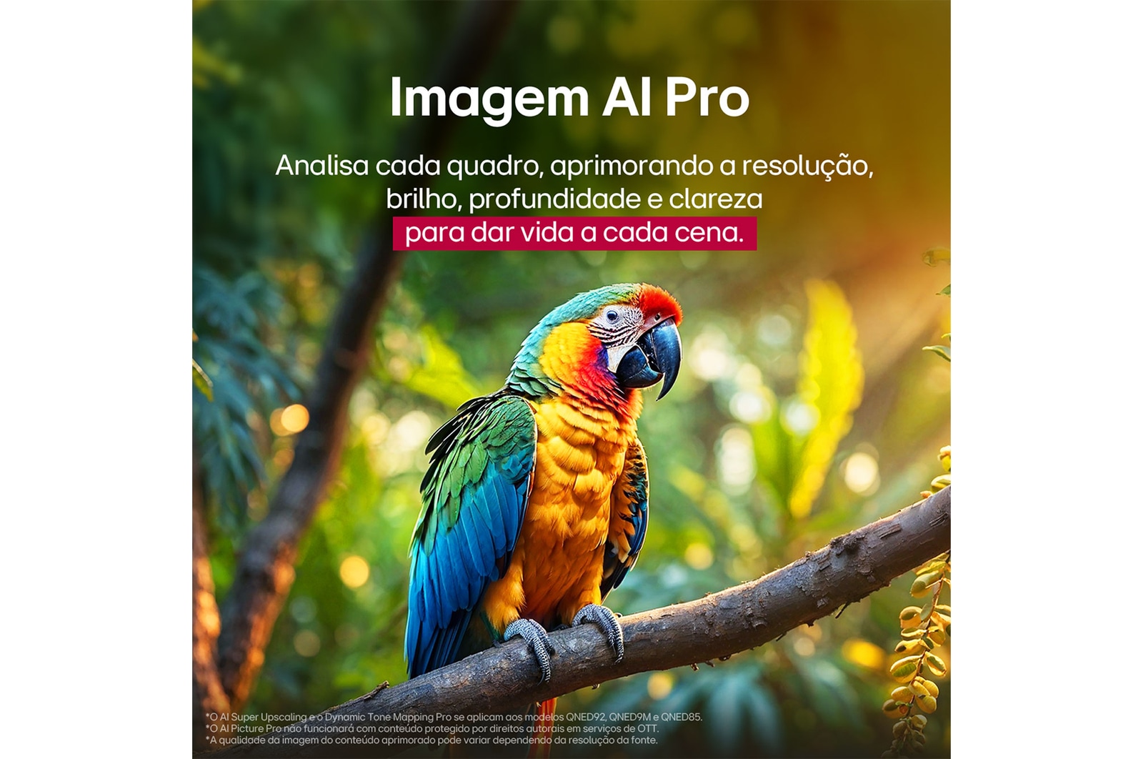 A tela de uma LG TV com um AI Magic Remote em primeiro plano. O bot?o AI está destacado, e um bal?o de fala mostra o texto: “Sugira um filme de que eu goste”. Na tela, vemos o ícone do usuário E, indicando como o AI Voice ID foi capaz de identificar qual era o usuário e fornecer recomenda??es personalizadas com base apenas na sua voz.