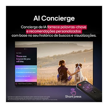 Conteúdo de fic??o científica sendo reproduzido na tela de uma LG TV. Na tela aparece a interface do AI Chatbot. O usuário enviou uma mensagem ao chatbot dizendo que a tela está muito escura. O chatbot ofereceu solu??es para a solicita??o. A cena inteira está dividida em duas partes. Um lado é mais escuro, o outro lado é mais claro, mostrando como o AI Chatbot resolveu o problema para o usuário automaticamente. O texto explica que o Al Chatbot pode entender a inten??o do usuário e fornecer solu??es para resolver problemas.