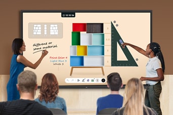 Uma ilustra??o que mostra pessoas colaborando por meio do LG CreateBoard Lab em vários dispositivos e em diferentes situa??es, continuando seu trabalho sem problemas.