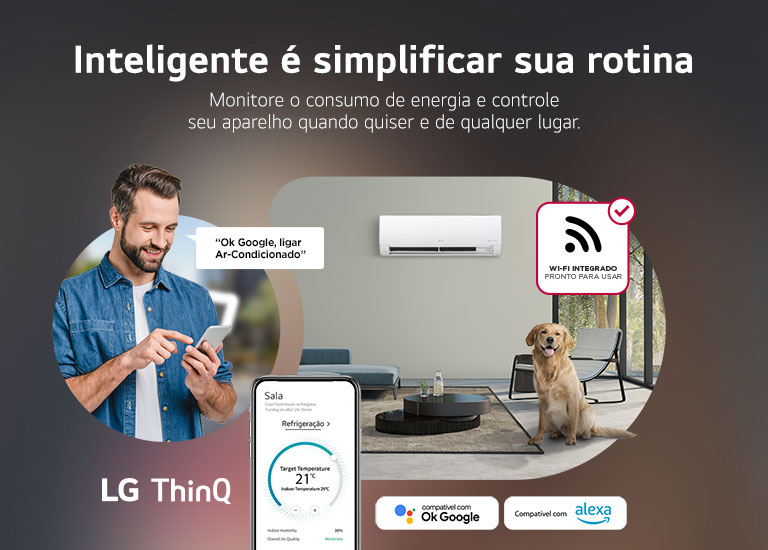 Homem ligando o ar-condicionado LG Dual Inverter remotamente com comando de voz para o seu c?o se manter em temperatura confortável em casa