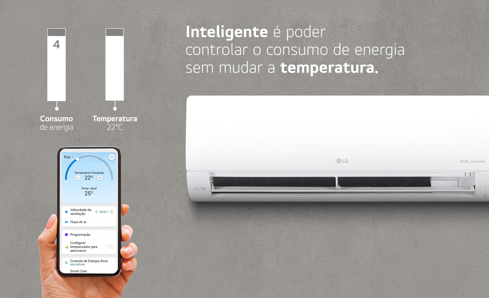 Infográfico animado simulando a redu??o do consumo de energia em 4 níveis enquanto a temperatura escolhida permanece fixa