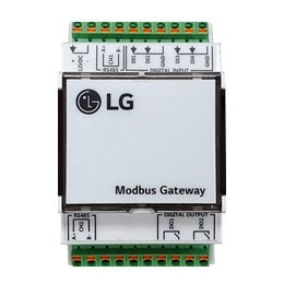A solu??o de controle LG Modbus Gateway apresenta partes de circuito na parte superior e inferior da unidade, com uma parte central retangular indicando o texto 'Modbus Gateway'.