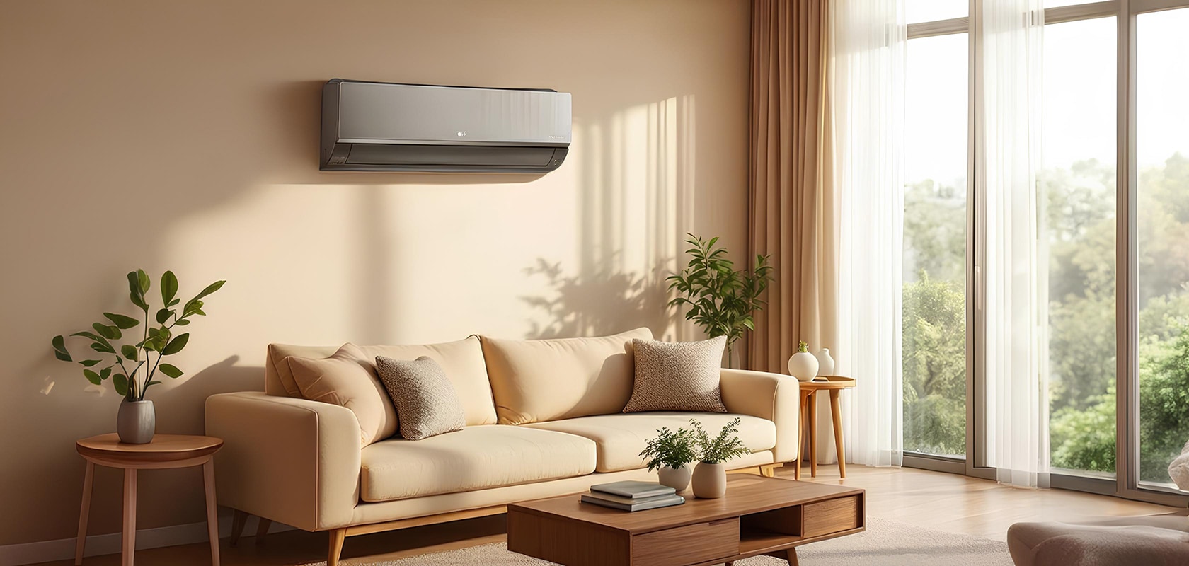 Sala de estar com ar-condicionado LG, luz natural e decora??o aconchegante.