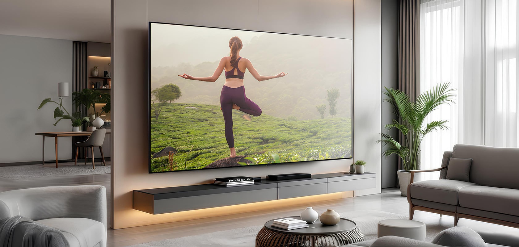 TV LG exibida em uma sala de estar espa?osa com uma cena de ioga na tela.