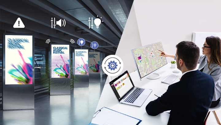Esta imagem ilustra a altera??o das configura??es da sinaliza??o instalada. A imagem à esquerda mostra a capacidade de detectar erros na tela, ajustar o volume e controlar o brilho. A imagem à direita mostra como os administradores podem gerenciar remotamente a sinaliza??o sem a necessidade de visitas no local quando surgem problemas.