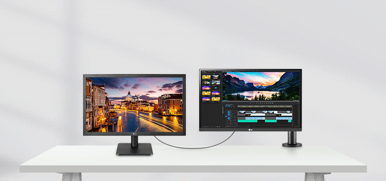 O monitor DualUp ocupava apenas um espa?o compacto para um monitor, mas este suporte de monitor de propor??o de aspecto 16:18, dois monitores de 21,5 polegadas, em uma tela.
