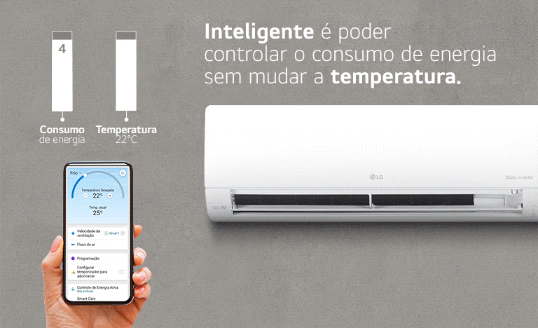 Infográfico animado simulando a redu??o do consumo de energia em 4 níveis enquanto a temperatura escolhida permanece fixa