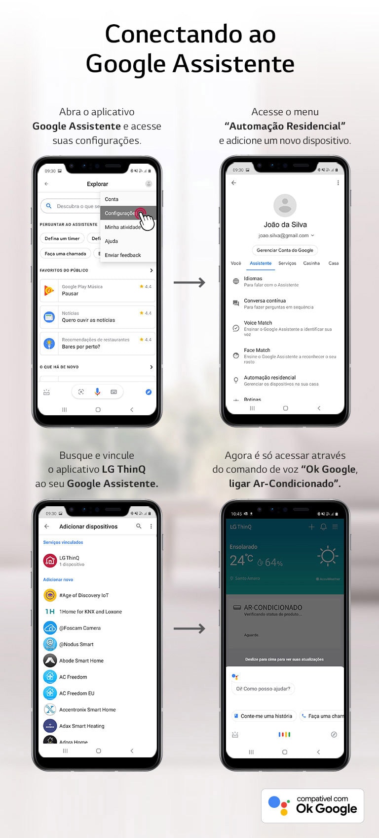 Conectar Google Assistente ao LG ThinQ: acessar configura??es, adicionar dispositivo, vincular app e usar comando.