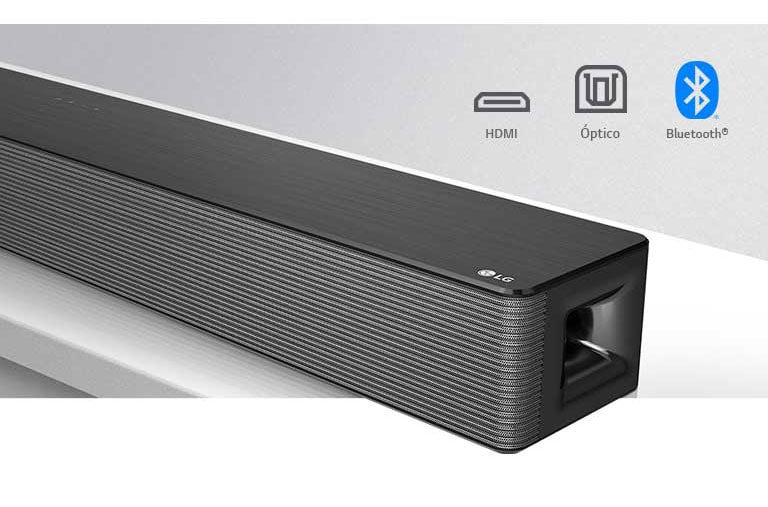 Close do lado direito do LG Soundbar com o logotipo da LG no canto inferior direito. ícones de conectividade apresentados sobre o produto.