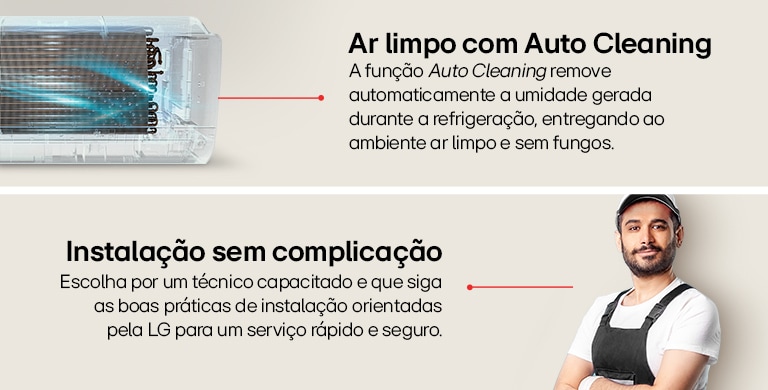 Acima, imagem de banner demonstrando a fun??o Auto Cleaning do ar-condicionado LG Artcool. 