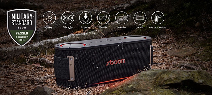 A xboom Bounce está posicionada sobre uma rocha coberta de musgo. No lado superior direito, o logotipo do padr?o militar está posicionado.