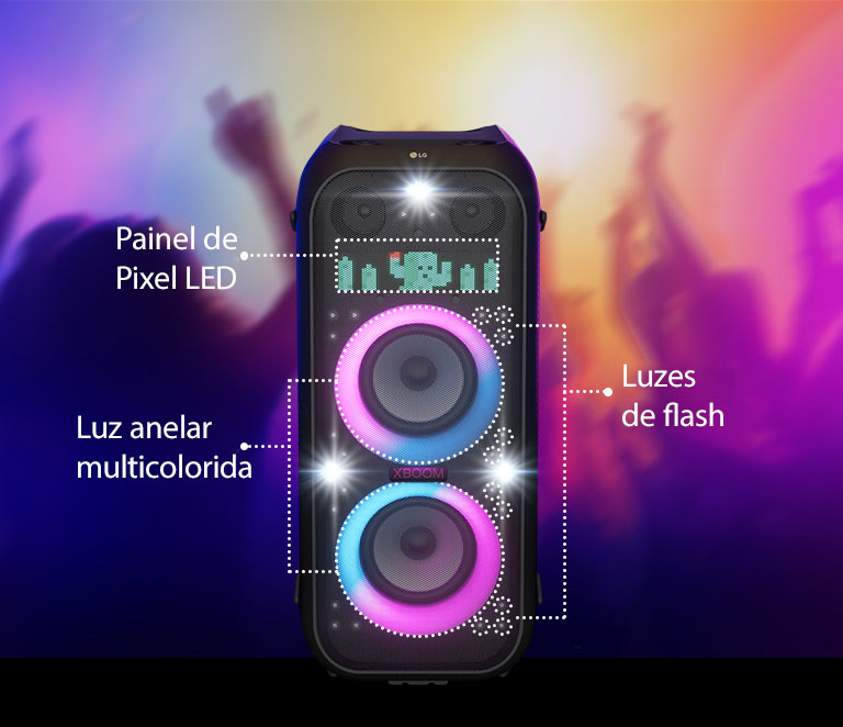 Vista frontal do alto-falante. Existe uma linha para informar cada parte da ilumina??o. No topo está uma exibi??o de pixel art, mostrando o personagem cacto. No meio, a ilumina??o do anel multicolorido gradiente rosa e cyon está acesa. E as ilumina??es X-Flash est?o espalhadas por todo o alto-falante.