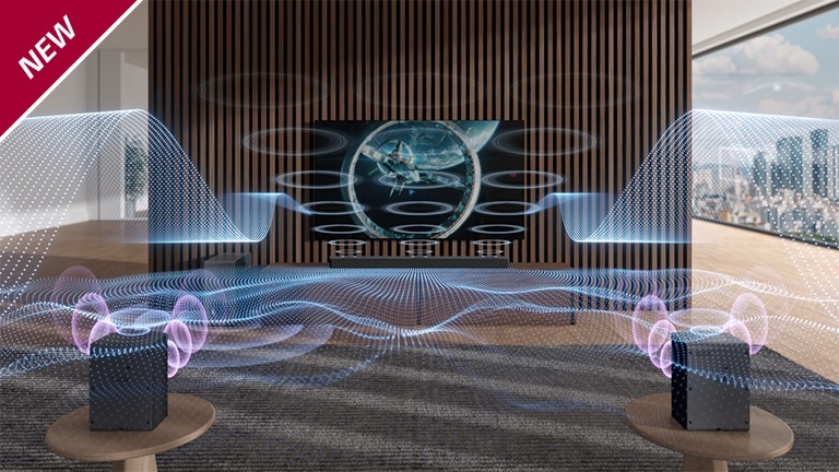 Ondas sonoras variadas de cor azul est?o sendo liberadas da Sound Bar e da TV. O selo NOVO aparece no canto superior esquerdo.