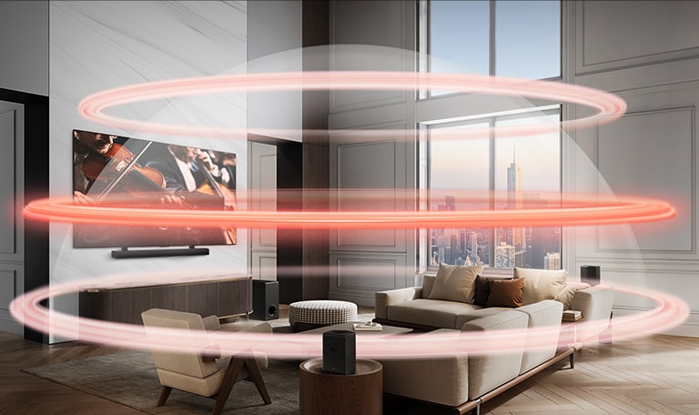 LG TV e LG Soundbar est?o em um grande apartamento na cidade. Três faixas vermelhas aparecem, uma de cada vez, representando camadas virtuais e se unem para criar uma cúpula sonora completa.