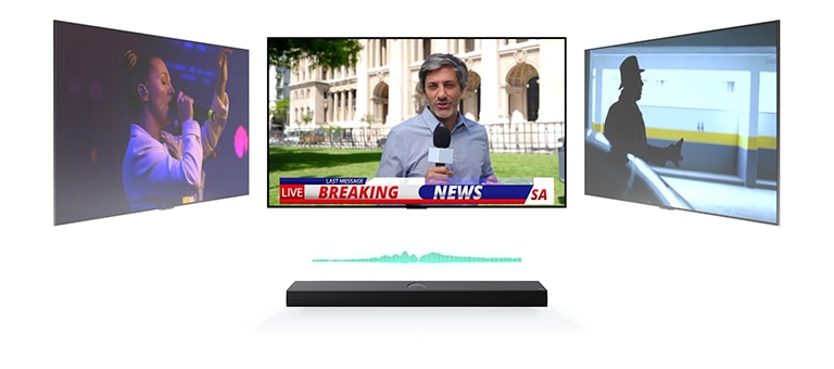 Um LG Soundbar possui três telas de TV diferentes acima dele. O logo acima mostra um concerto musical com uma mulher cantando. A TV do lado direito mostra um locutor de notícias filmando um noticiário de última hora do lado de fora de um prédio ornamentado. A TV do lado esquerdo mostra um still de um filme de a??o com um homem nas sombras. Entre a TV e a barra de som, há um diagrama roxo de uma onda sonora.