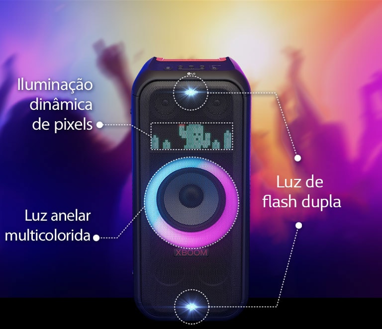 Vista frontal da caixa de som. Há linhas informando cada parte da ilumina??o. Nas partes superior e inferior, duas luzes estroboscópicas. No meio, a luz anelar está acesa em degradê de rosa e azul. Acima, a ilumina??o dinamica de pixels exibe um personagem em forma de cacto.