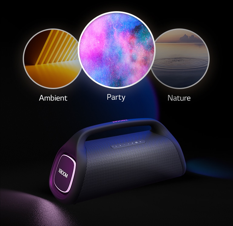 Um LG XBOOM Go XG9 com ilumina??o púrpura está colocado no ch?o. Acima dele, aparecem três modos: ritmo, festa, fogos de artifício, espa?o.