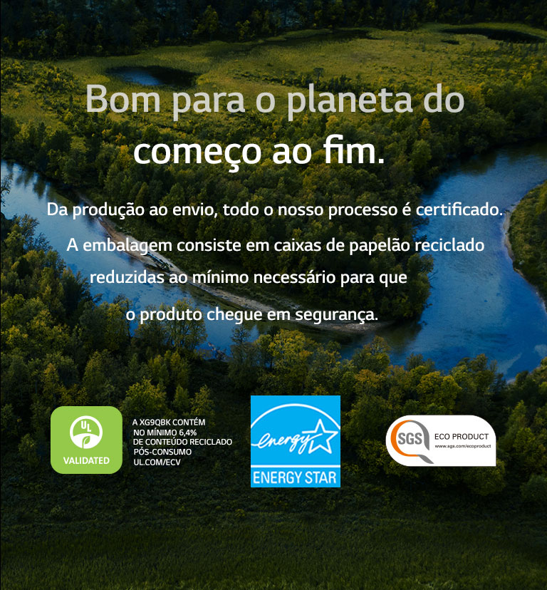 Ilustra??es de folhas verdes est?o dispostas em ambos os lados da imagem. E s?o exibidos os logotipos UL, Energy Star e SGS.