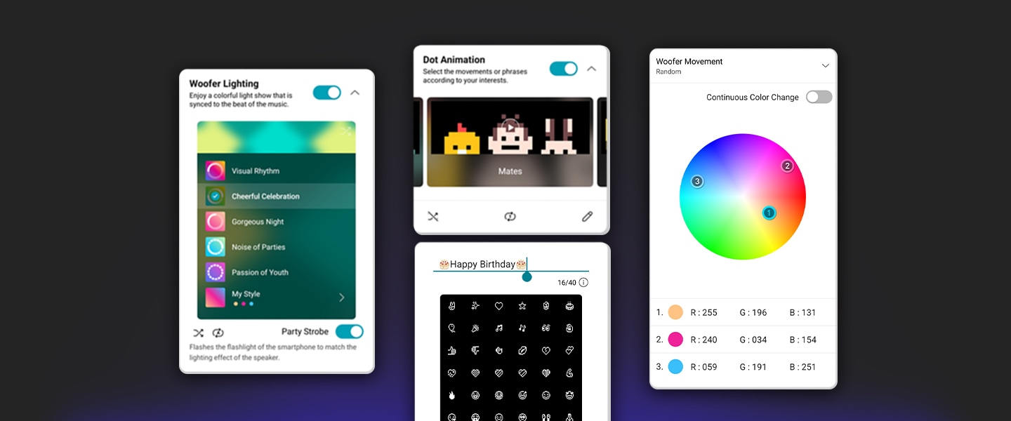 Captura de tela do XBOOM APP. Você pode personalizar as ilumina??es através do aplicativo.
