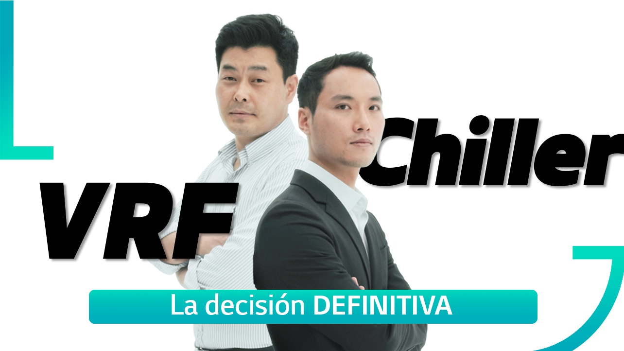 Dois homens asiáticos est?o de costas um para o outro no centro, rodeados pelas palavras “VRF” e “Chiller” tecidas à sua volta.