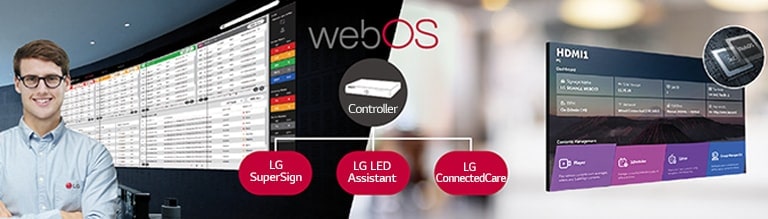 Um funcionário da LG está monitorando remotamente a série GSCD instalada em outro local usando uma solu??o de monitoramento LG baseada na nuvem. O controlador de sistema com web OS permite a compatibilidade da série GSCD com as solu??es de software da LG.