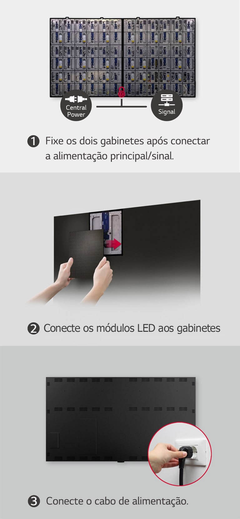 Consiste em um total de 3 imagens com etapas para prender os dois gabinetes, colocar os módulos LED e conectar o cabo de alimenta??o.