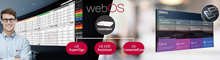 Um funcionário da LG monitorando remotamente a série LSBC instalada em outro local usando uma solu??o de monitoramento LG baseada na nuvem. O controlador de sistema com webOS permite a compatibilidade da série LSBC com as solu??es de software da LG.