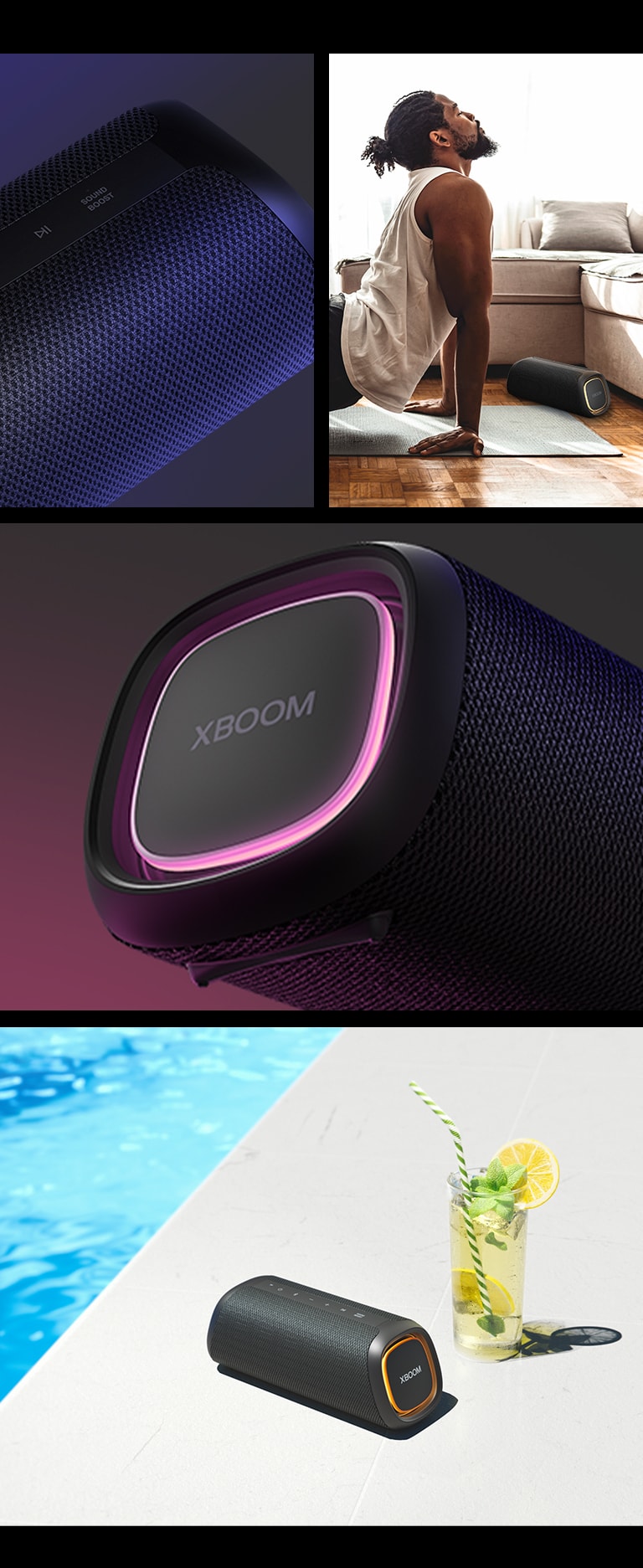 Colagem. A partir da esquerda, vista aproximada da LG XBOOM Go XG5. Na sequência, a imagem de um homem praticando ioga sobre um colchonete, com a LG XBOOM Go XG5 ao lado. à direita, de cima para baixo: vista aproximada da caixa de som com ilumina??o rosa. Uma caixa de som com ilumina??o laranja e um copo com limonada est?o dispostos ao lado da piscina.