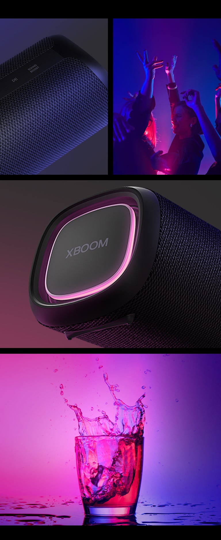 Colagem. A partir da esquerda, vista aproximada da LG XBOOM Go XG5. A seguir, uma imagem de pessoas curtindo a música. à direita, de cima para baixo: vista aproximada da caixa de som com ilumina??o rosa e dois copos de bebida.