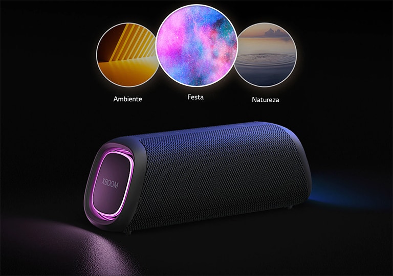 Uma LG XBOOM Go XG5 com ilumina??o púrpura está colocado no ch?o. Sobre ela, s?o mostrados três modos do Light Studio: ambiente, festa e natureza.
