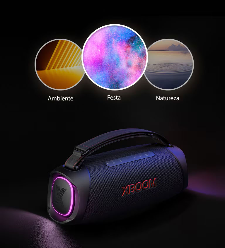 LG XBOOM Go XG8 com ilumina??o roxa é colocado no ch?o. Na parte superior do alto-falante mostra três modos de estúdio Light; ambiente, natureza e festa.
