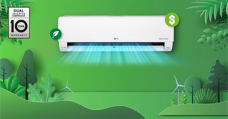  Ar-condicionado LG Dual Inverter soprando ar frio sobre plantas, com selo de 10 anos à esquerda, em fundo verde.
