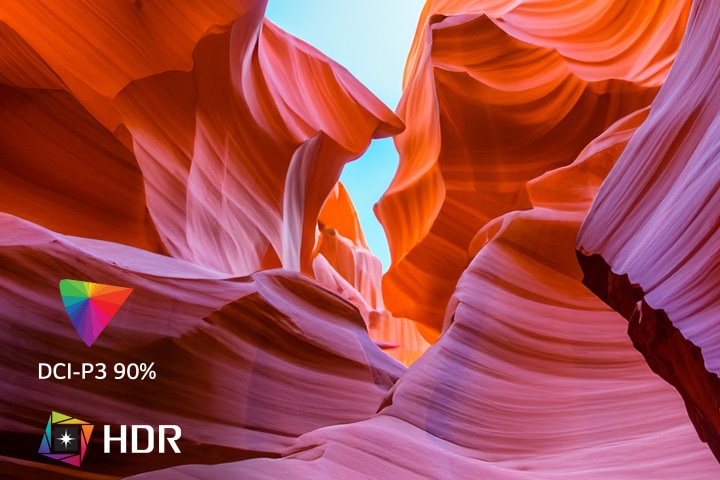 O ecr? apresenta várias cores representando UHD 4K, e no canto inferior esquerdo, existe um logótipo que indica HDR e DCI-P3 90%.