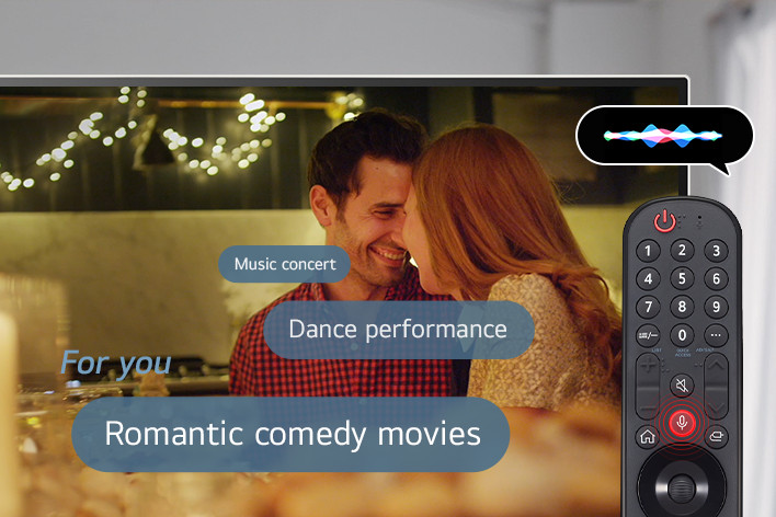 Esta é uma imagem que exibe imagens de filmes na tela depois de procurar por 'filme de comédia romantica' usando o controle remoto mágico.