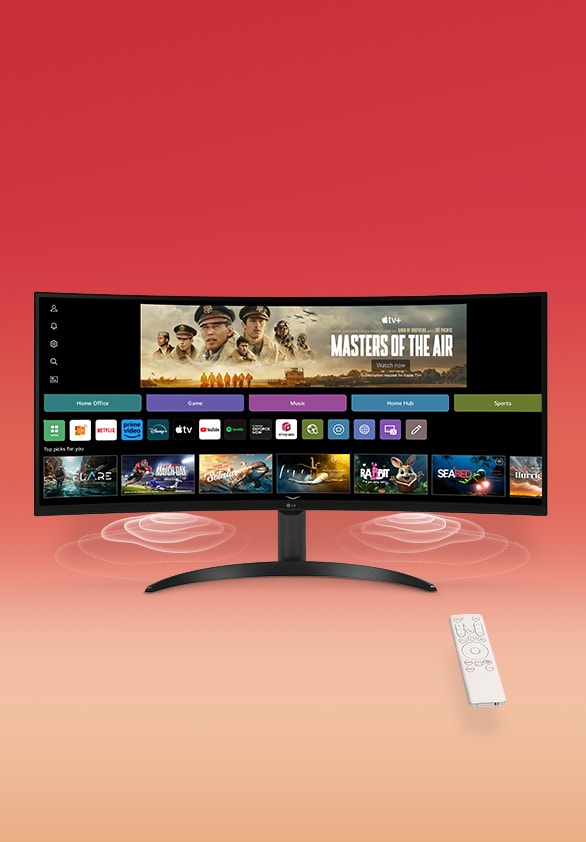Na tela do monitor inteligente, a interface do webOS é exibida. As ondas dos alto-falantes emanam dos cantos inferiores do monitor e, no lado direito da tela, há um controle remoto.