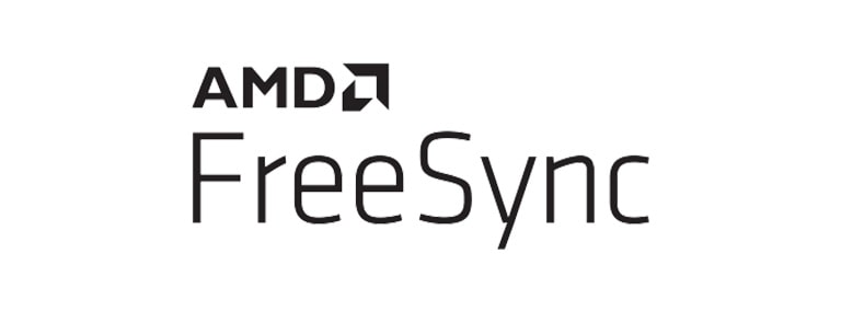  Logotipo da AMD FreeSync com texto preto centralizado em fundo branco, com o logotipo da AMD acima do texto FreeSync.