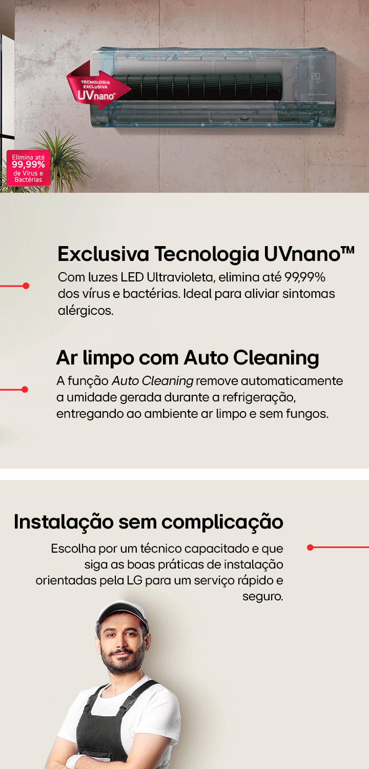 Acima, imagem de banner demonstrando a fun??o Auto Cleaning do ar-condicionado LG Artcool.