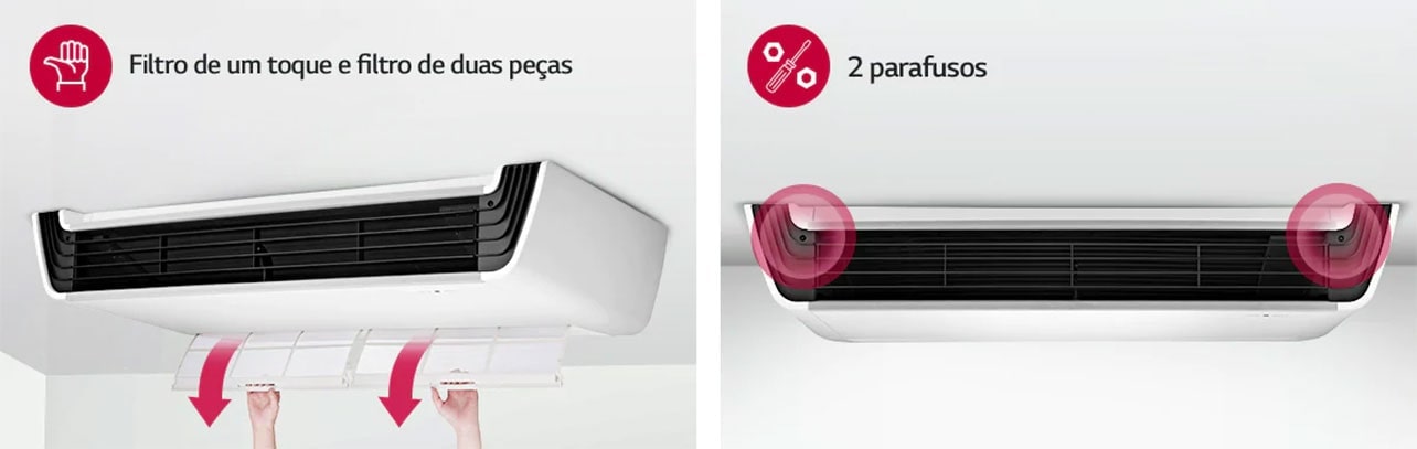 LG Teto apresenta um filtro com indicadores de seta na parte inferior, enquanto a vista frontal mostra dois círculos vermelhos indicando a localiza??o dos parafusos.