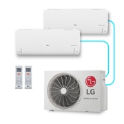 2 Evaporadoras, 2 Controles remotos e 1 Condesandora do Ar-Condicionado LG AI Dual Inverter Voice Bi-Split Frio 9.000 BTU 220V modelo S32Q16SA181 vistos de frente, evaporadoras com as aletas fechadas