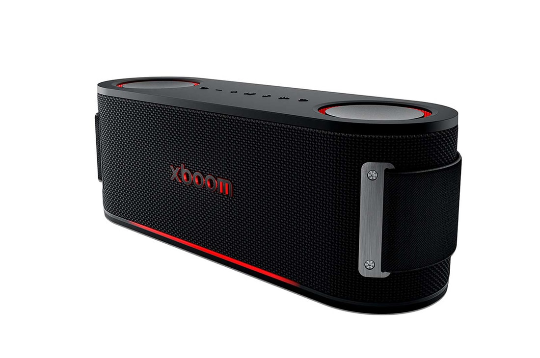 Vista frontal da LG xboom Bounce by will.i.am | Caixa de Som Bluetooth Portátil | Som exclusivo xboom com Radiadores Passivos Superiores