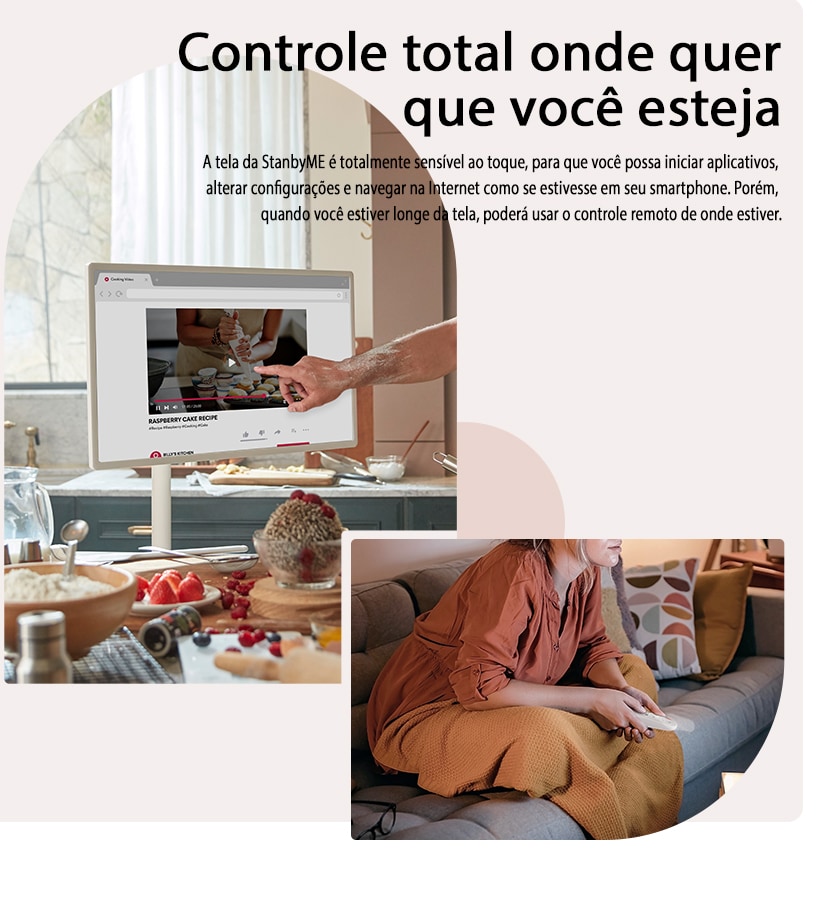 Uma imagem à esquerda mostra o close-up de uma TV colocada na cozinha - um homem está tocando a tela enquanto cozinha. Outra imagem à direita mostra uma mulher assistindo TV segurando o controle remoto em suas m?os.