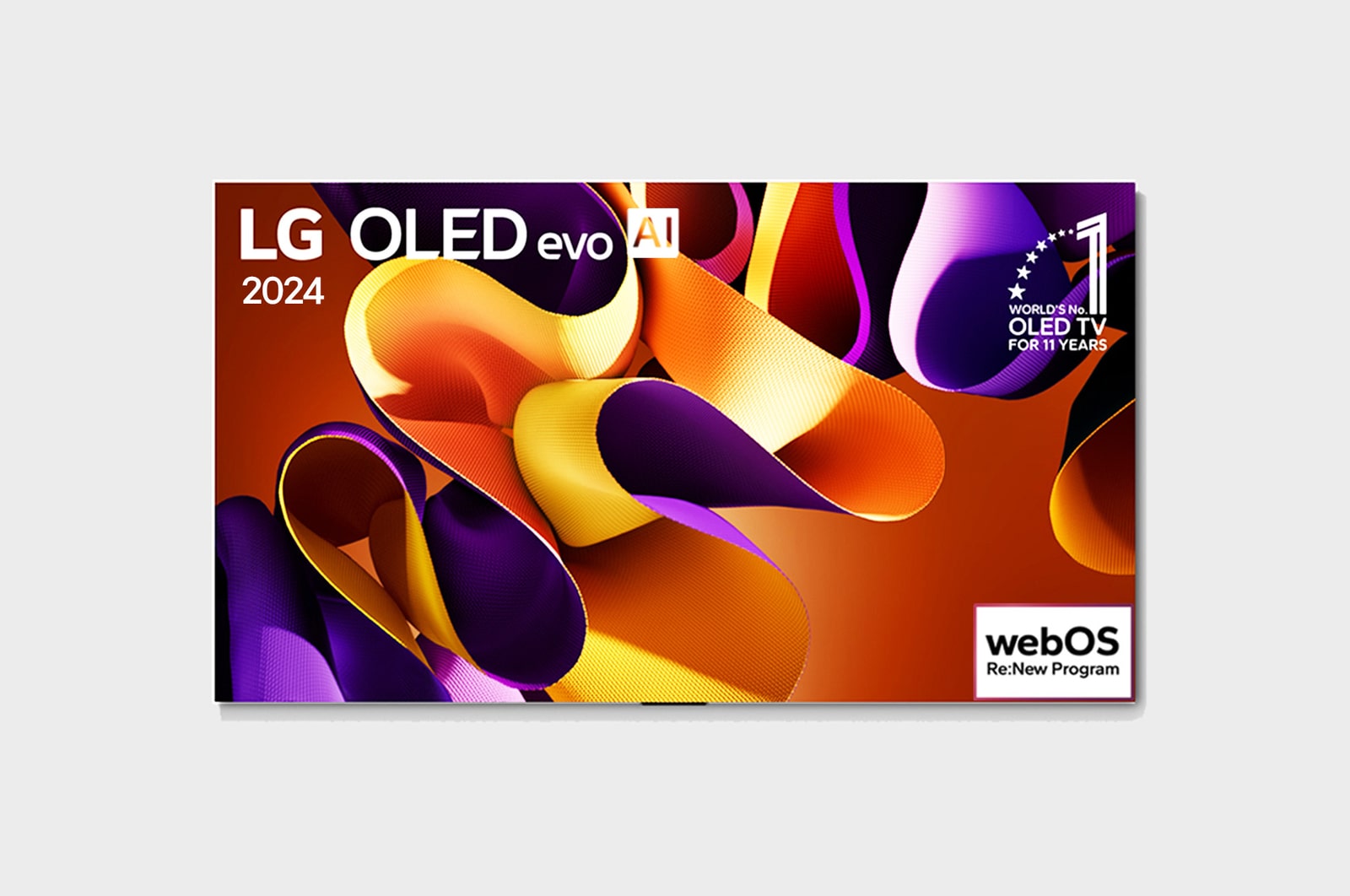 LG OLED evo AI TV, OLED G4’ün ?nden g?rünümü. Ekranda 11 Y?ld?r Dünyan?n 1 Numaral? OLED’i Amblemi ve webOS Re:New Program logosu.