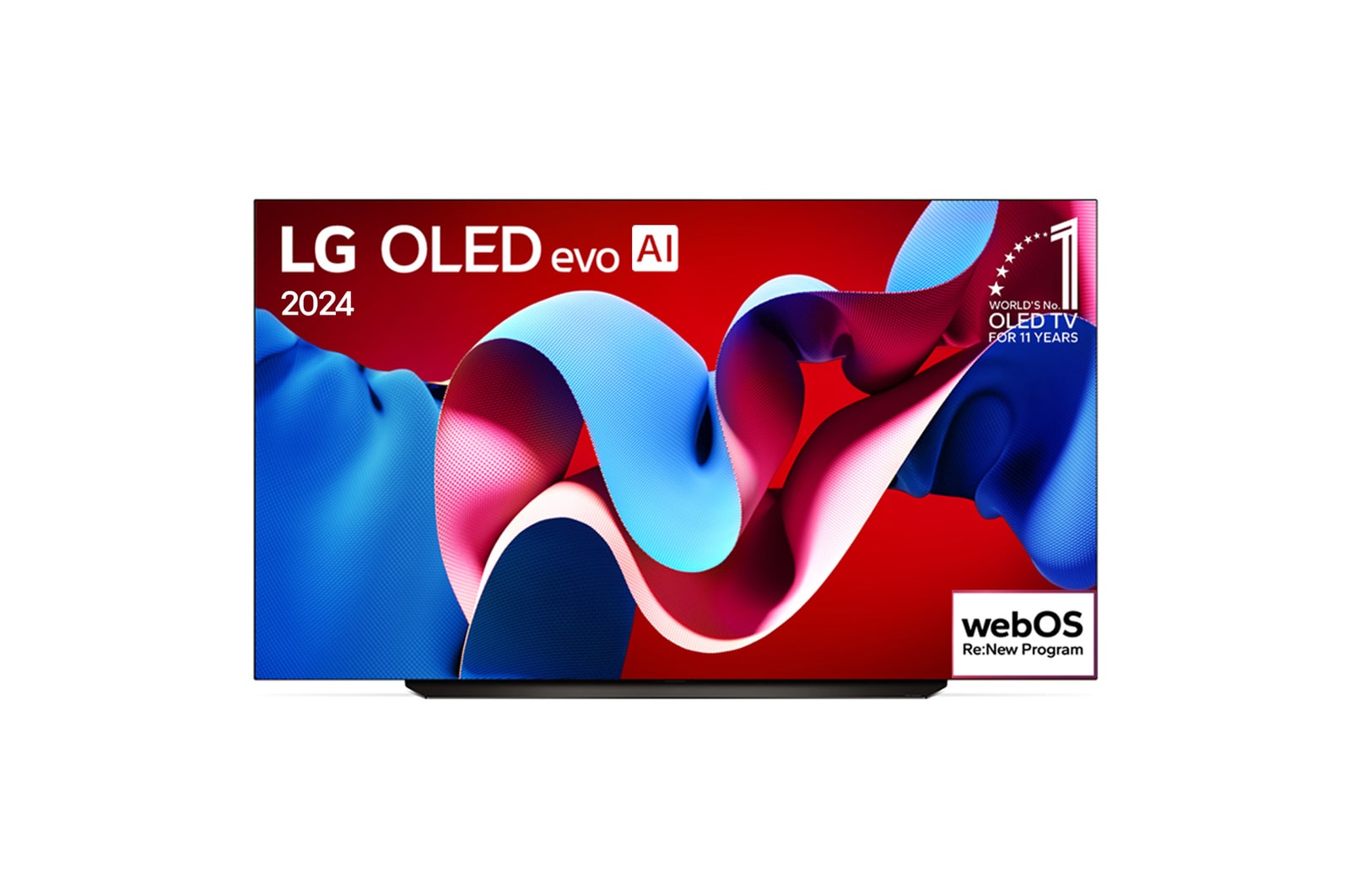 Vista frontal da LG OLED evo AI TV exibindo na tela o emblema de onze anos como a OLED número um do mundo e o logotipo webOS Re:New Program