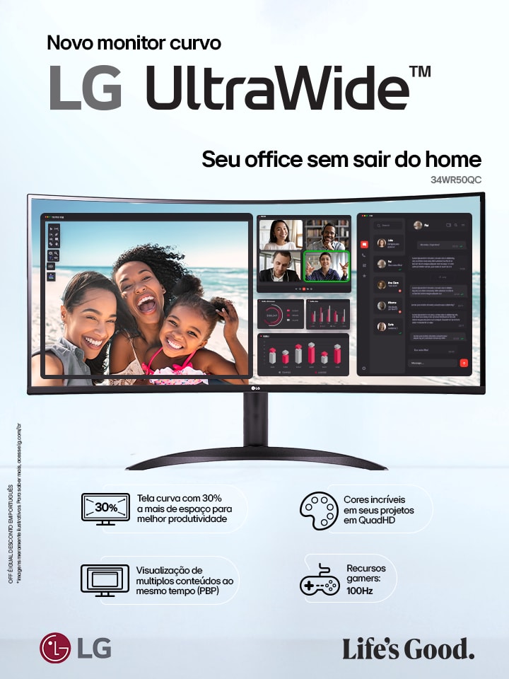 Monitor curvo LG UltraWide com tela ampla, ideal para produtividade e multitarefas, exibindo múltiplos conteúdos.