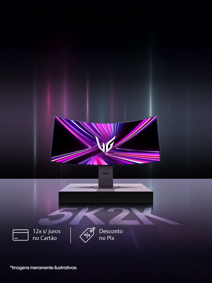 Monitor curvo LG UltraGear OLED con vivaci scie luminose viola e rosa, che promuove uno sconto del 5% per il primo display OLED 5K2K al mondo.