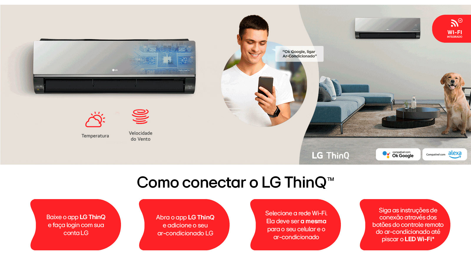 Do lado esquerdo, imagem ilustrativa do ar-condicionado LG Dual Inverter Artcool Frio com inteligência artificial embarcada. 